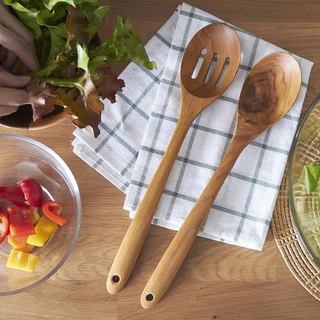 Alt view image 2 of 5 - FAAY 3-In-1 Wooden Spoons Handcrafted Golden Teak Kitchen Utensils Including 13.5 Inch Cooking Spoon, Slotted Spoon and 9 Inch Versatile Spoon, 100% Natural & Eco Friendly with Ergonomic Handle
