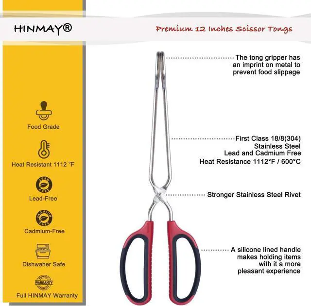 Alt view image 2 of 7 - HINMAY Stainless Steel Scissor Tongs with Comfort-Grip Handle 12-Inch