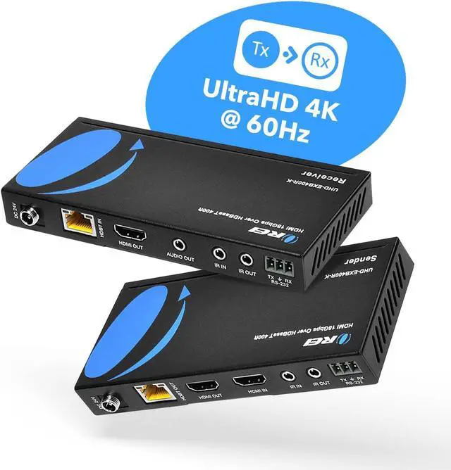 Alt view image 3 of 7 - OREI 4K HDMI Extender Balun HDBaseT UltraHD 4K,60Hz 4:4:4 Over Single CAT5e/6/7 Cable with HDR, CEC & IR Control, RS-232 - Up to 400 Ft - Loop Out - Power Over Cable - Audio Out