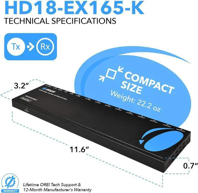 Alt view image 3 of 4 - OREI 1x8 HDMI Extender Splitter Multiple Over Single Cable CAT6/7 1080P with IR Remote EDID Management - Up to 165 Ft - Loop Out - Low Latency - Full Support