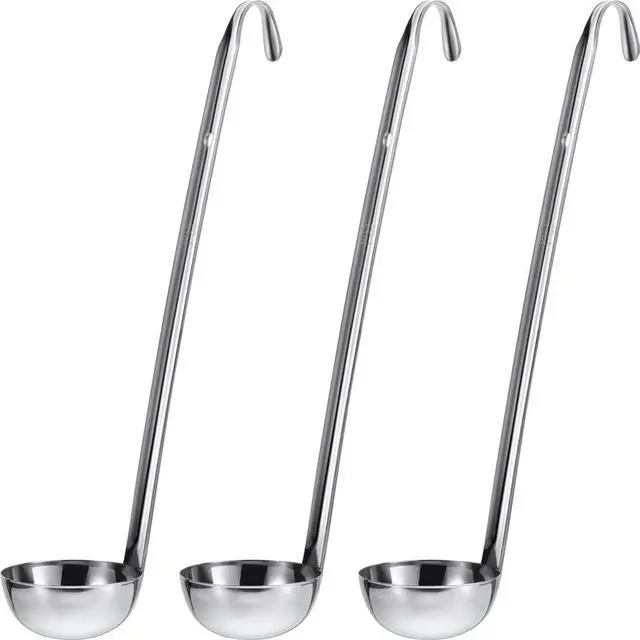 Main image of Meekoo 3 Pieces Stainless Steel Ladles with Pouring Rim Long Handle,1 Oz | For Soup Sauce Gravy Serving, Aguas Frescas Beverages, Hooked Handle Storage, Mirror Finish Dishwasher Safe Easy Clean