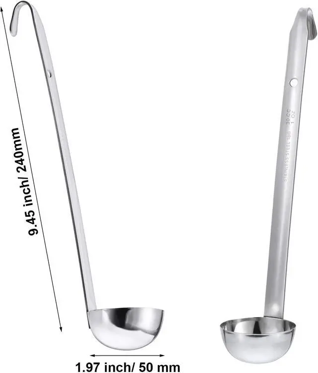 Alt view image 4 of 6 - Meekoo 3 Pieces Stainless Steel Ladles with Pouring Rim Long Handle,1 Oz | For Soup Sauce Gravy Serving, Aguas Frescas Beverages, Hooked Handle Storage, Mirror Finish Dishwasher Safe Easy Clean