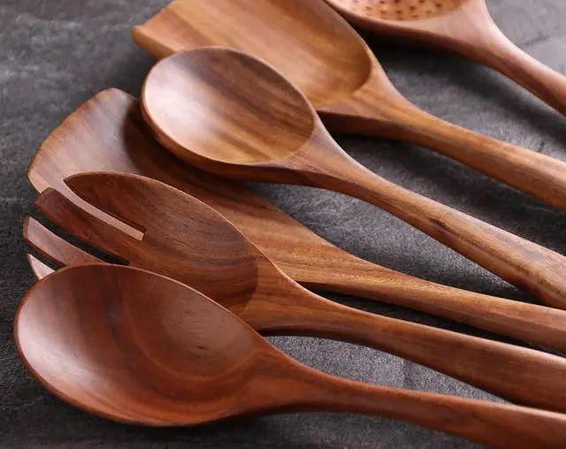 Alt view image 7 of 7 - Wooden Spoons for Cooking, 6 Pcs Wooden Utensils for Cooking, Natural Teak Wood Non-Stick Cooking Spoons, Wood Utensils Set for Kitchen
