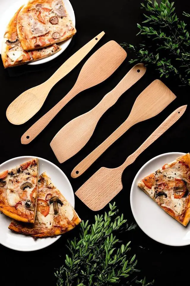 Alt view image 4 of 7 - ECOSALL Nonstick Wooden Spatulas for Cooking, 5-Piece Wood Spatula Set
