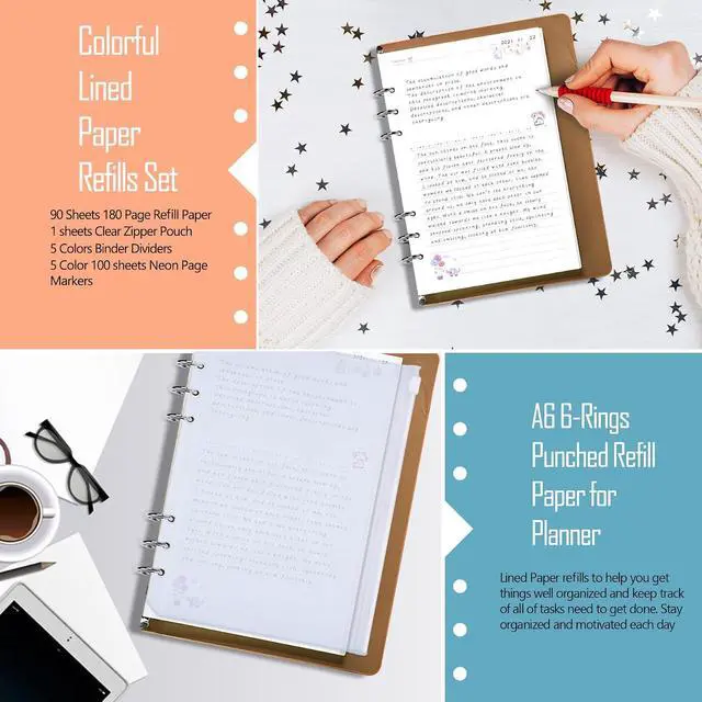 Alt view image 3 of 7 - Rancco A6 Planner Inserts Lined Paper, Colorful 90 Page 6-Ring Memo Refills Loose-leaf Refill Paper w/Zipper Pouch, Binder Dividers, Ruler, Index Tab for Planner Journal Dairy, Double-sided, 6.9x3.7"