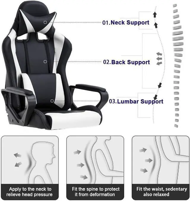 Alt view image 4 of 7 - BestOffice High-Back Gaming Chair PC Office Chair Computer Racing Chair PU Desk Task Chair Ergonomic Executive Swivel Rolling Chair with Lumbar Support for Back Pain Women, Men,White