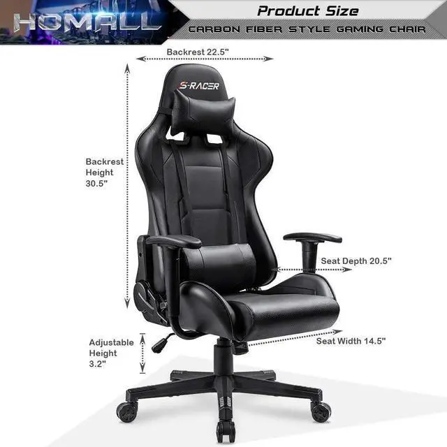 Alt view image 2 of 7 - Homall Gaming Chair, Office Chair High Back Computer Chair Leather Desk Chair Racing Executive Ergonomic Adjustable Swivel Task Chair with Headrest and Lumbar Support (Dark Black)
