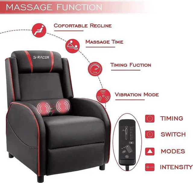 Alt view image 6 of 7 - Homall Gaming Massage Recliner Chair Racing Style Single Living Room Sofa Recliner PU Leather Recliner Seat Comfortable Ergonomic Home Theater Seating (Red)
