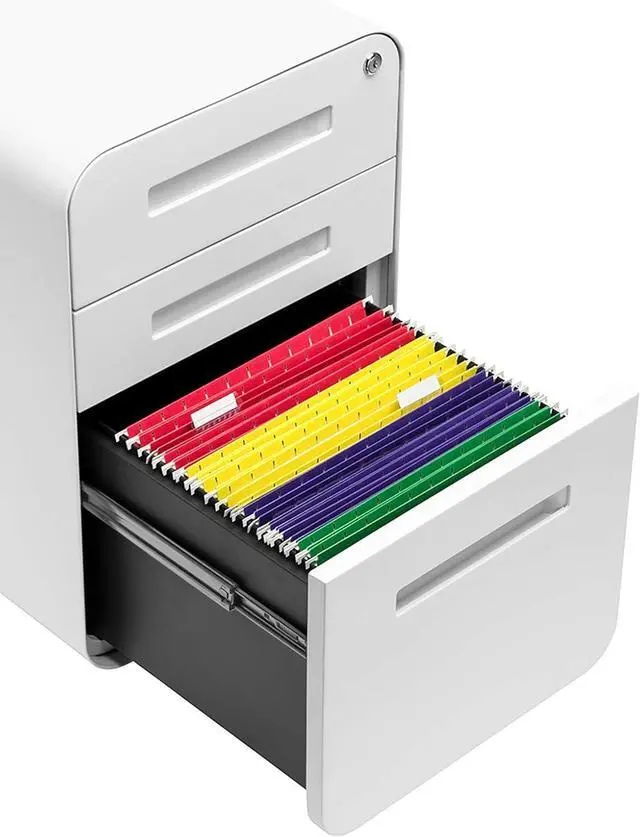 Alt view image 6 of 6 - Stockpile 3 Drawer File Cabinet with Lock - Under Office Desk Metal Filing Cabinet, Legal/Letter File Folders, Wheels and Stationary Feet, Pre-Assembled, White