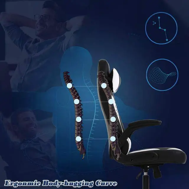 Alt view image 7 of 7 - BestOffice PC Gaming Chair Ergonomic Office Chair Desk Chair with Lumbar Support Flip Up Arms Headrest PU Leather Executive High Back Computer Chair for Adults Women Men (White)
