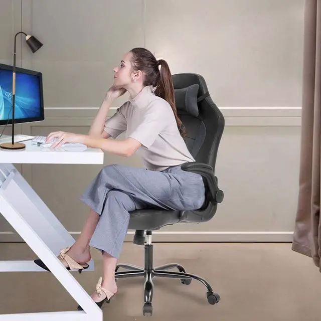Alt view image 4 of 7 - BestOffice PC Gaming Chair Ergonomic Office Chair Desk Chair with Lumbar Support Flip Up Arms Headrest PU Leather Executive High Back Computer Chair for Adults Women Men (Grey)