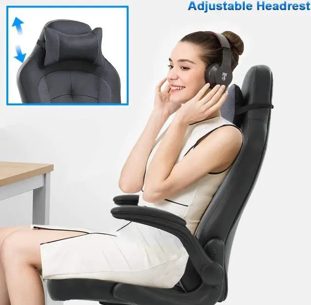 Alt view image 5 of 7 - BestOffice PC Gaming Chair Ergonomic Office Chair Desk Chair with Lumbar Support Flip Up Arms Headrest PU Leather Executive High Back Computer Chair for Adults Women Men (Grey)