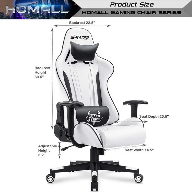 Alt view image 3 of 7 - Gaming Chair, Video Game Chair with Footrest and Lumbar Support, Ergonomic Computer Chair Height Adjustable with Swivel Seat and Headrest (Pale White)