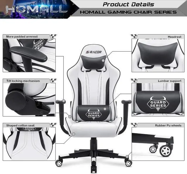 Alt view image 5 of 7 - Gaming Chair, Video Game Chair with Footrest and Lumbar Support, Ergonomic Computer Chair Height Adjustable with Swivel Seat and Headrest (Pale White)