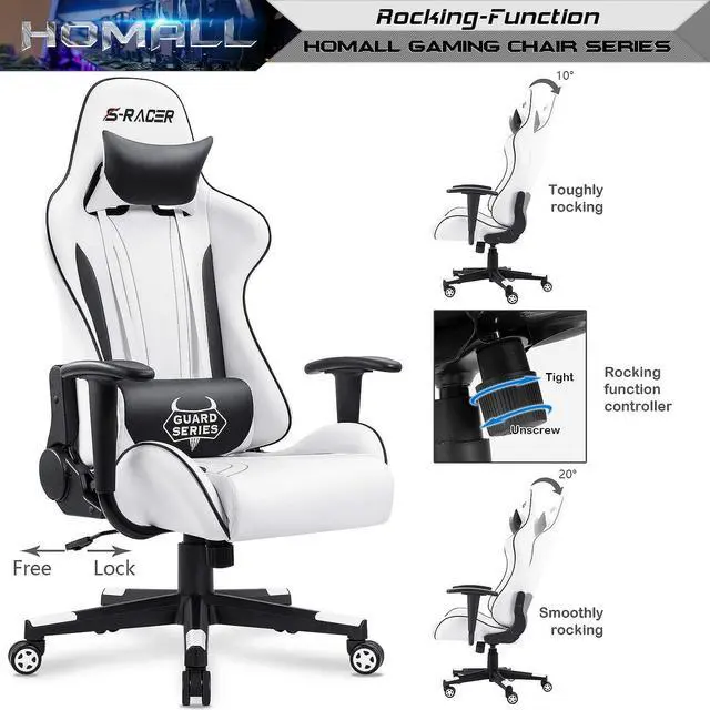 Alt view image 7 of 7 - Gaming Chair, Video Game Chair with Footrest and Lumbar Support, Ergonomic Computer Chair Height Adjustable with Swivel Seat and Headrest (Pale White)