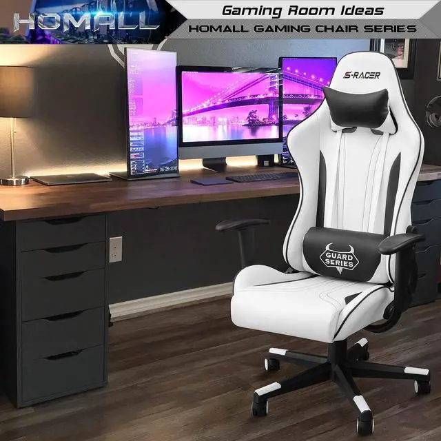 Alt view image 2 of 7 - Gaming Chair, Video Game Chair with Footrest and Lumbar Support, Ergonomic Computer Chair Height Adjustable with Swivel Seat and Headrest (Pale White)