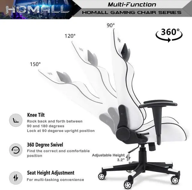 Alt view image 6 of 7 - Gaming Chair, Video Game Chair with Footrest and Lumbar Support, Ergonomic Computer Chair Height Adjustable with Swivel Seat and Headrest (Pale White)