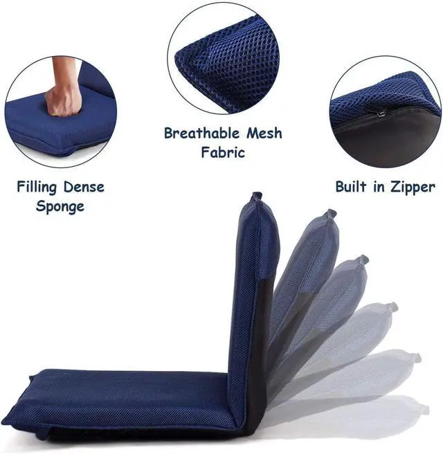 Alt view image 6 of 7 - BestComfort Folding Floor Chair, 6-Position Adjustable Meditation Chair, Video Gaming Chair w/Back Support for Reading TV Watching, Portable Floor Seat Lounge Sofa Chair for Kids Teens Adult, Navy