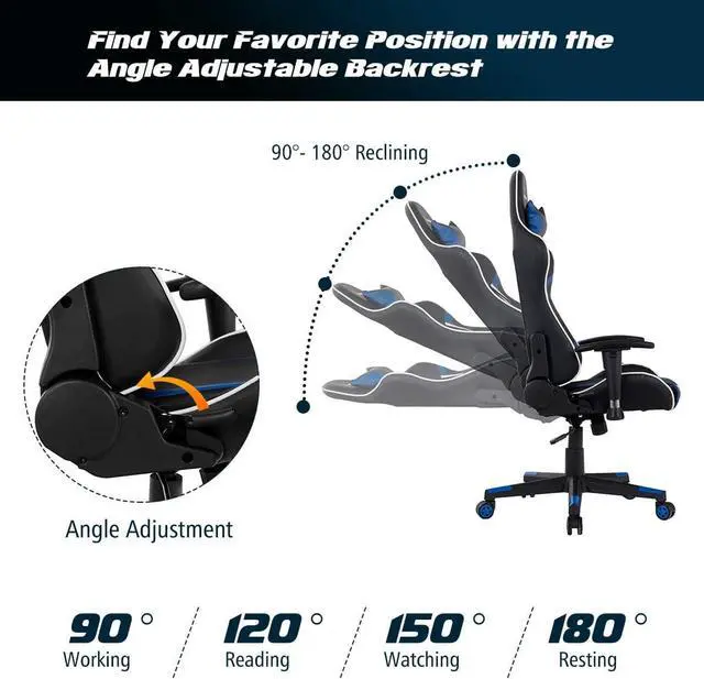 Alt view image 5 of 7 - Goplus Gaming Chair - Racing Style, High Back PU Leather, Adjustable Arms & Headrest, Ergonomic Reclining Game Chair with Rolling Swivel Base