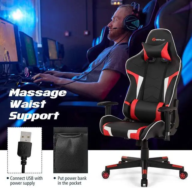 Alt view image 4 of 7 - POWERSTONE Gaming Chair - Office Computer Gaming Racing Chair with Lumbar Massager Support PU Leather Adjustable Arms Headrest High-Back Recliner Ergonomic Rolling Swivel (Red)