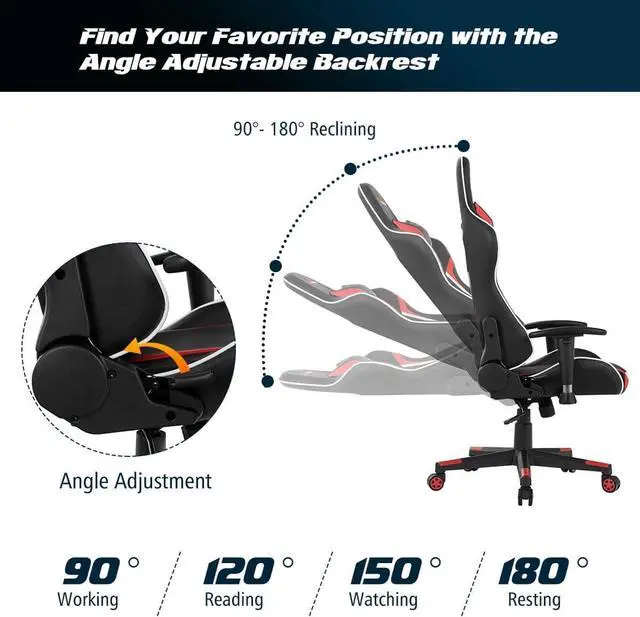 Alt view image 3 of 7 - POWERSTONE Gaming Chair - Office Computer Gaming Racing Chair with Lumbar Massager Support PU Leather Adjustable Arms Headrest High-Back Recliner Ergonomic Rolling Swivel (Red)