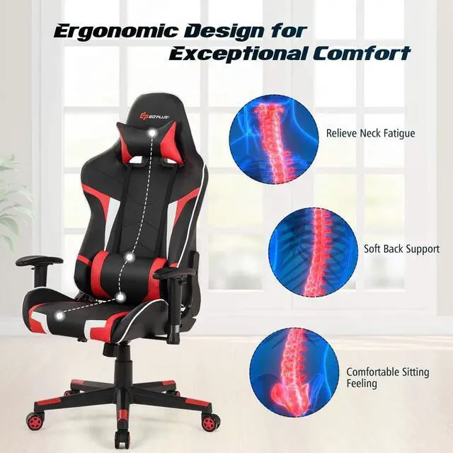 Alt view image 5 of 7 - POWERSTONE Gaming Chair - Office Computer Gaming Racing Chair with Lumbar Massager Support PU Leather Adjustable Arms Headrest High-Back Recliner Ergonomic Rolling Swivel (Red)