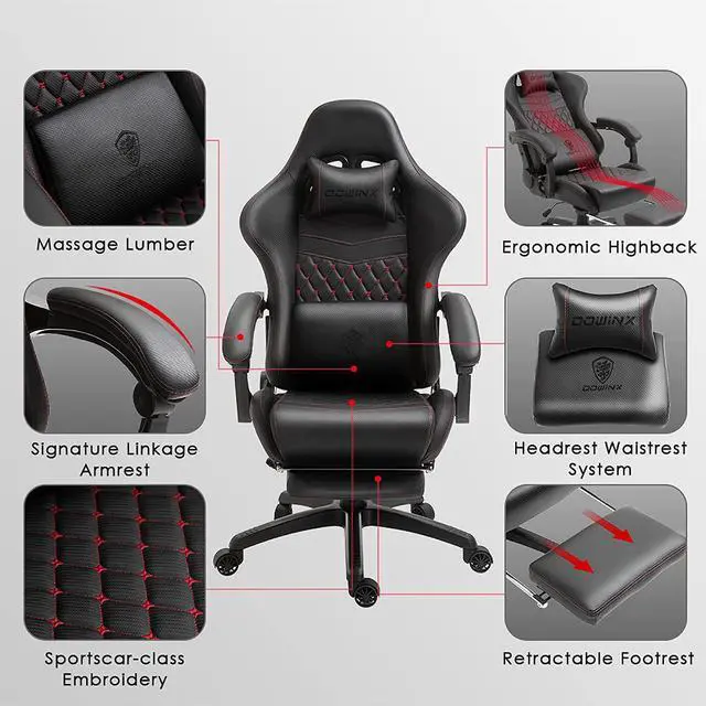 Alt view image 4 of 7 - Dowinx Gaming Chair Office Chair PC Chair with Massage Lumbar Support, Racing Style PU Leather High Back Adjustable Swivel Task Chair with Footrest (Black)