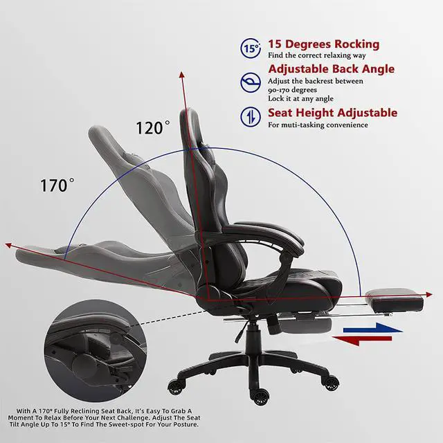 Alt view image 6 of 7 - Dowinx Gaming Chair Office Chair PC Chair with Massage Lumbar Support, Racing Style PU Leather High Back Adjustable Swivel Task Chair with Footrest (Black)
