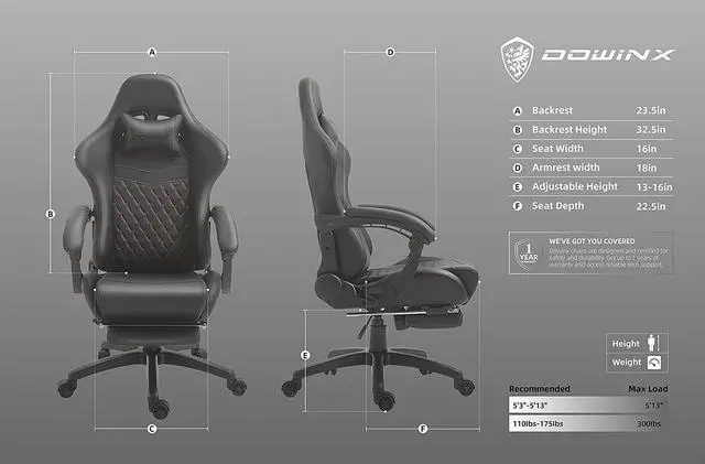 Alt view image 7 of 7 - Dowinx Gaming Chair Office Chair PC Chair with Massage Lumbar Support, Racing Style PU Leather High Back Adjustable Swivel Task Chair with Footrest (Black)