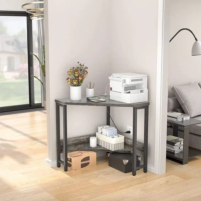 Alt view image 5 of 7 - Armocity Corner Desk Small Desk with Outlets Corner Table for Small Space, Computer Desk with USB Ports Triangle Desk with Storage for Home Office, Workstation, Living Room, Bedroom, Oak