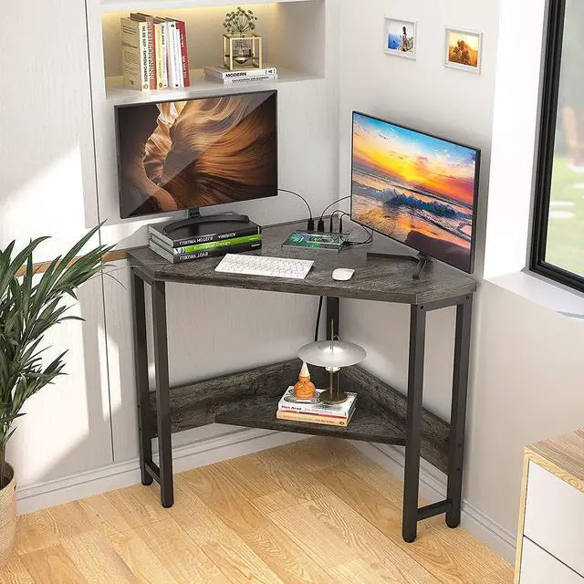 Alt view image 6 of 7 - Armocity Corner Desk Small Desk with Outlets Corner Table for Small Space, Computer Desk with USB Ports Triangle Desk with Storage for Home Office, Workstation, Living Room, Bedroom, Oak