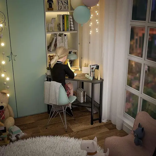 Alt view image 7 of 7 - Armocity Corner Desk Small Desk with Outlets Corner Table for Small Space, Computer Desk with USB Ports Triangle Desk with Storage for Home Office, Workstation, Living Room, Bedroom, Oak