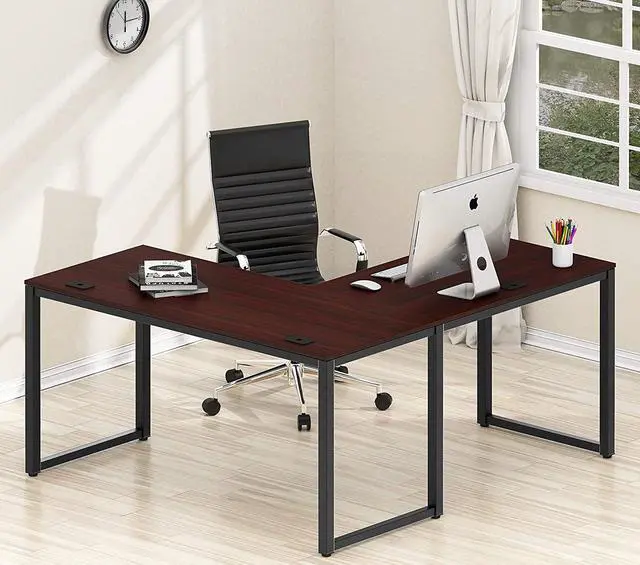 Alt view image 2 of 5 - SHW L Shaped Corner Office Computer Desk, Black Cherry, 55" x 60"