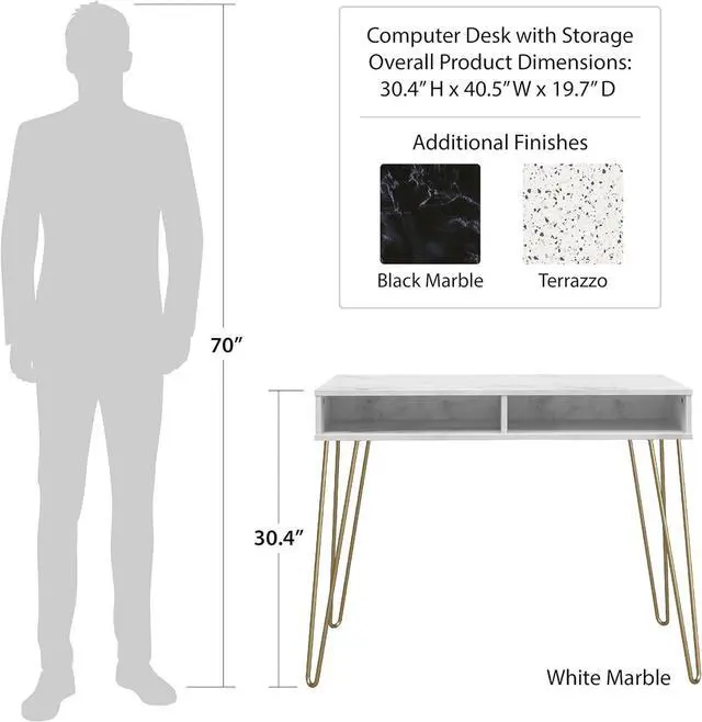 Alt view image 3 of 6 - Novogratz Athena Computer Desk with Storage, White Faux Marble