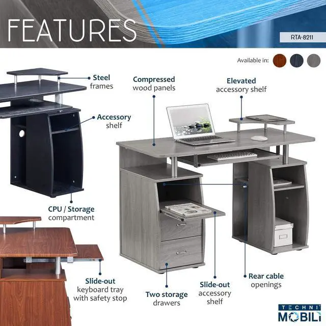 Alt view image 4 of 7 - Techni Mobili 47" Computer Desk with Drawers and Storage, Office Desk with Printer Shelf, Pull Out Shelf and Keyboard Tray, Computer Workstation, Grey