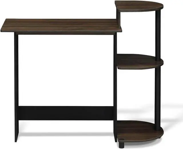 Alt view image 4 of 7 - Furinno Compact Computer Desk with Shelves, Round Side, Columbia Walnut/Black