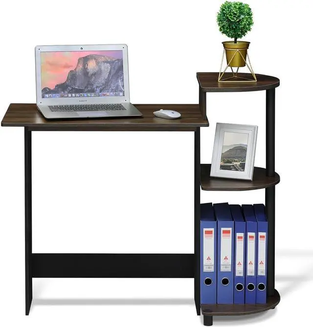 Alt view image 5 of 7 - Furinno Compact Computer Desk with Shelves, Round Side, Columbia Walnut/Black