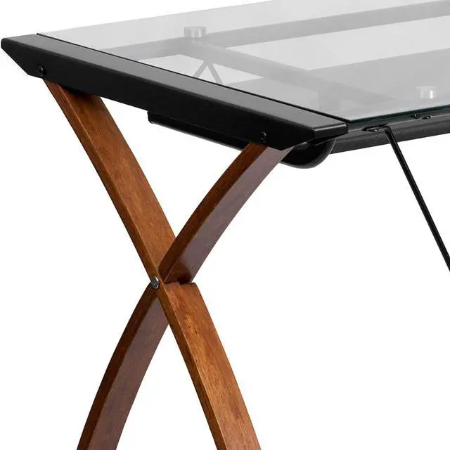 Alt view image 5 of 6 - Flash Furniture Jude Tempered Glass Computer Desk with Pull-Out Keyboard Tray and Crisscross Frame, Small Computer Desk for Home Office, Cherry/Clear
