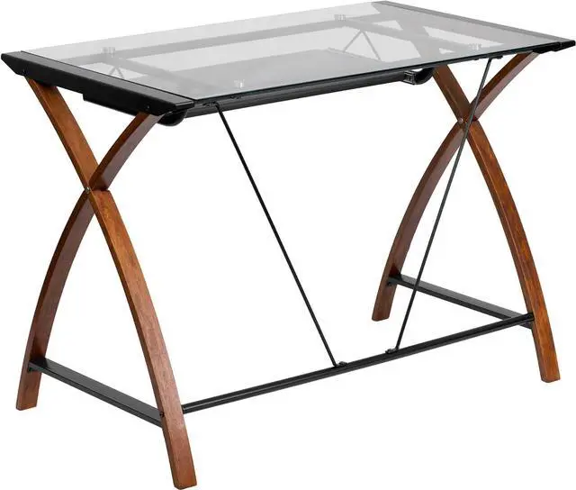 Alt view image 4 of 6 - Flash Furniture Jude Tempered Glass Computer Desk with Pull-Out Keyboard Tray and Crisscross Frame, Small Computer Desk for Home Office, Cherry/Clear