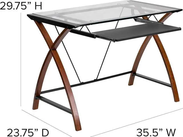 Alt view image 3 of 6 - Flash Furniture Jude Tempered Glass Computer Desk with Pull-Out Keyboard Tray and Crisscross Frame, Small Computer Desk for Home Office, Cherry/Clear