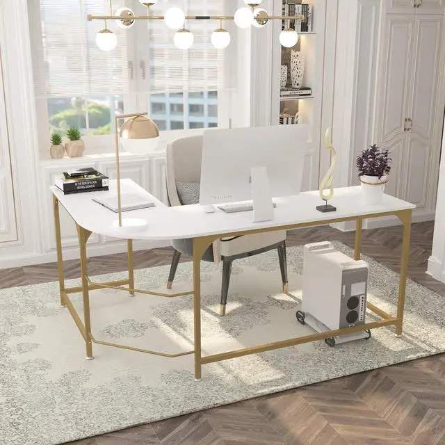 Alt view image 2 of 7 - Teraves Reversible L Shaped Desk White - 57.9" Corner Gaming Computer Desk, Office Workstation Modern Home Study Writing Wooden Table