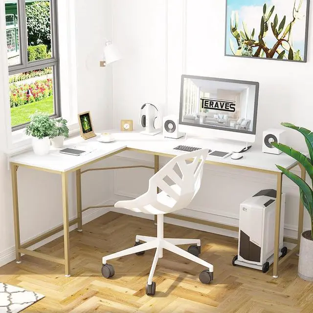Alt view image 4 of 7 - Teraves Reversible L Shaped Desk White - 57.9" Corner Gaming Computer Desk, Office Workstation Modern Home Study Writing Wooden Table