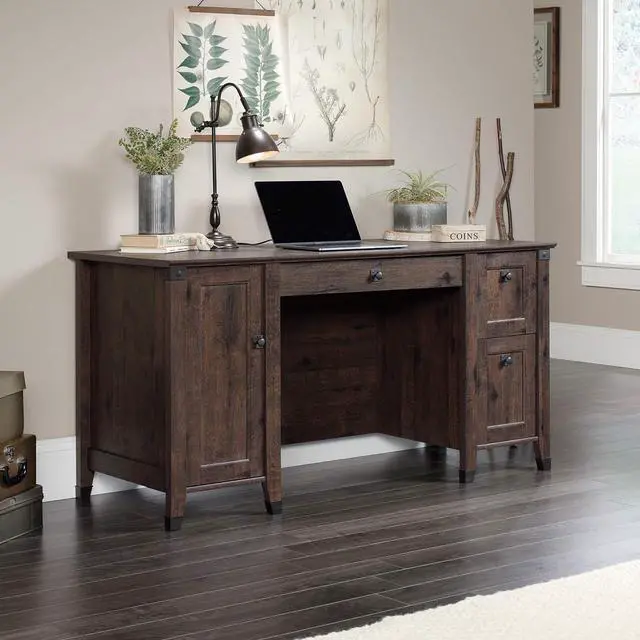 Alt view image 2 of 7 - Sauder Carson Forge Rustic Vintage Computer Desk with Drawers Storage, 59.06" L x 23.47" W x 29.53" H, Coffee Oak