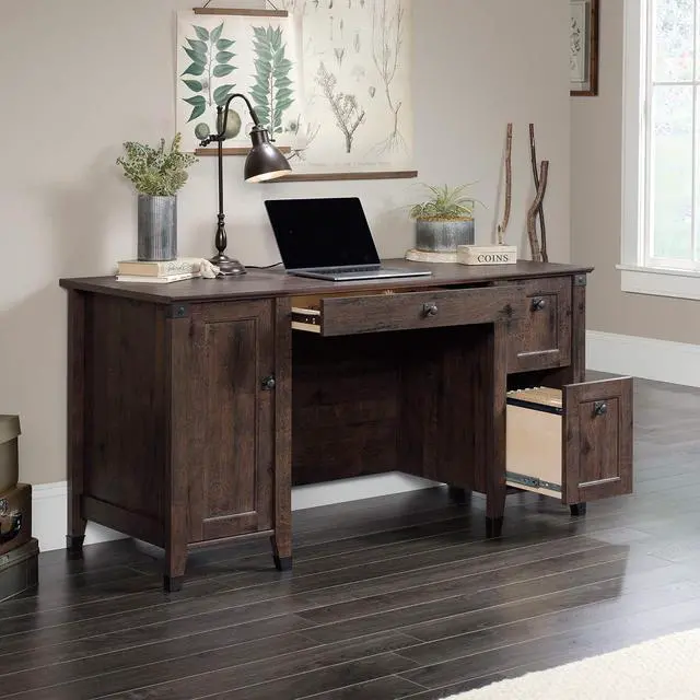 Alt view image 4 of 7 - Sauder Carson Forge Rustic Vintage Computer Desk with Drawers Storage, 59.06" L x 23.47" W x 29.53" H, Coffee Oak