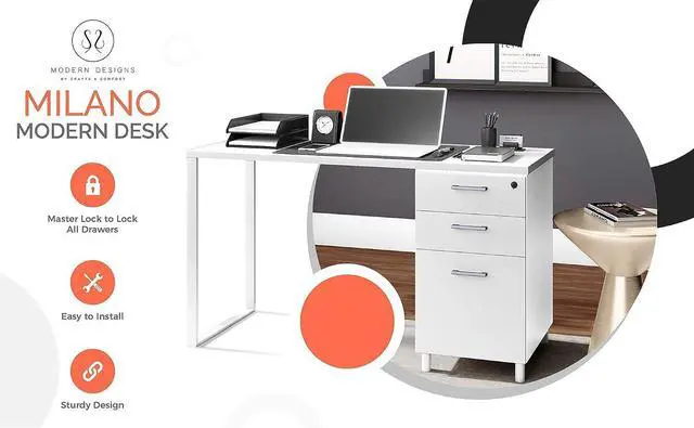 Alt view image 7 of 7 - Modern Designs Milano Office Desk with 3 Locking Drawers, 48 Inch White Industrial Wood Desk with Filing Drawer and Storage, by Crafts and Comfort
