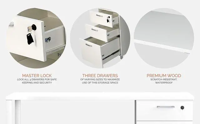 Alt view image 6 of 7 - Modern Designs Milano Office Desk with 3 Locking Drawers, 48 Inch White Industrial Wood Desk with Filing Drawer and Storage, by Crafts and Comfort