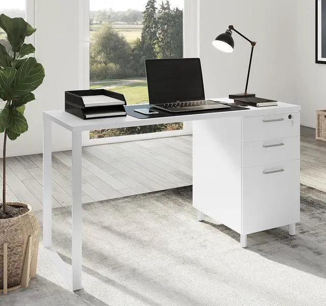 Alt view image 4 of 7 - Modern Designs Milano Office Desk with 3 Locking Drawers, 48 Inch White Industrial Wood Desk with Filing Drawer and Storage, by Crafts and Comfort