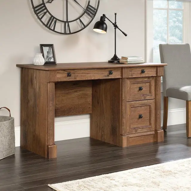 Alt view image 2 of 7 - Sauder Palladia Computer Desk with Drawers, Home Office Desk with File Cabinet Storage Drawer, Cable Management, Keyboard Tray, in Vintage Oak finish