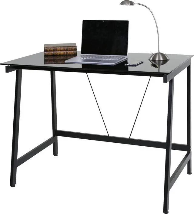 Alt view image 4 of 7 - OneSpace Contemporary Glass Writing Desk, Steel Frame, Black