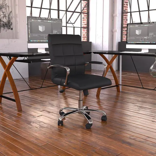 Alt view image 2 of 7 - Flash Furniture Vivian Mid-Back Swivel Vinyl Upholstered Desk Chair with Padded Seat and Armrests, Adjustable Height Padded Office Chair, Black/Chrome